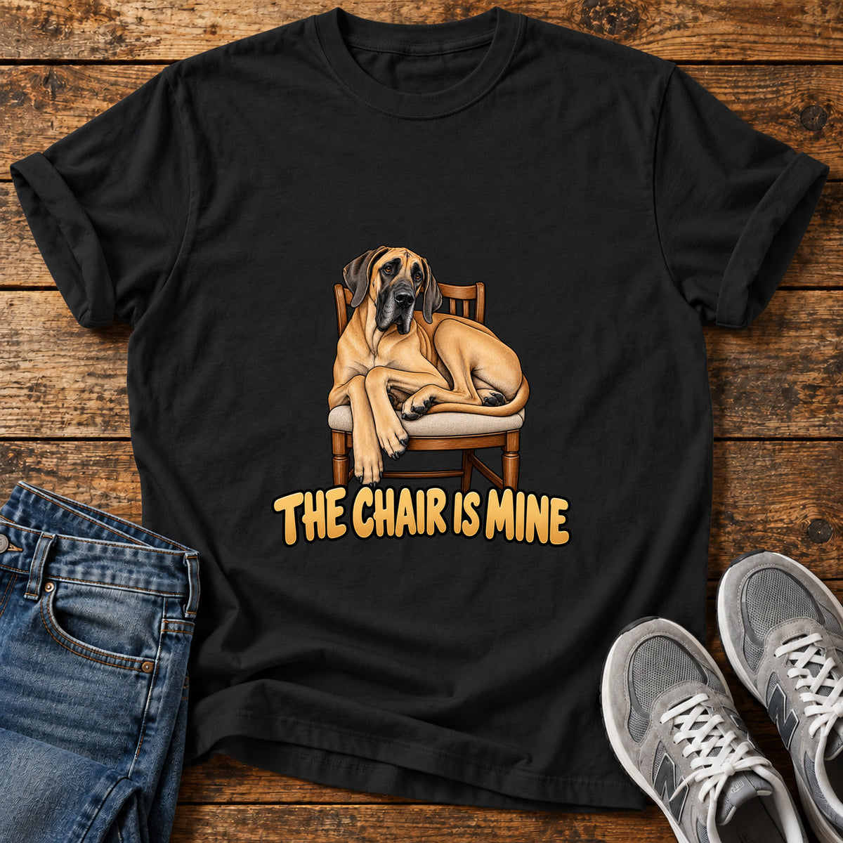The Chair Great Dane graphic T-shirt in Black, shown on a flat-lay shirt mockup