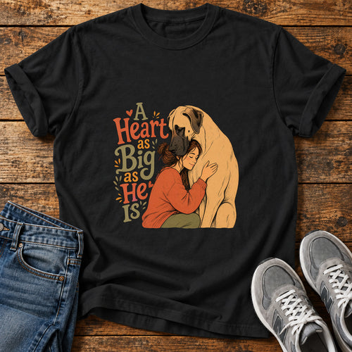A Heartful Hug Great Dane graphic T-shirt in Black, shown on a flat-lay shirt mockup