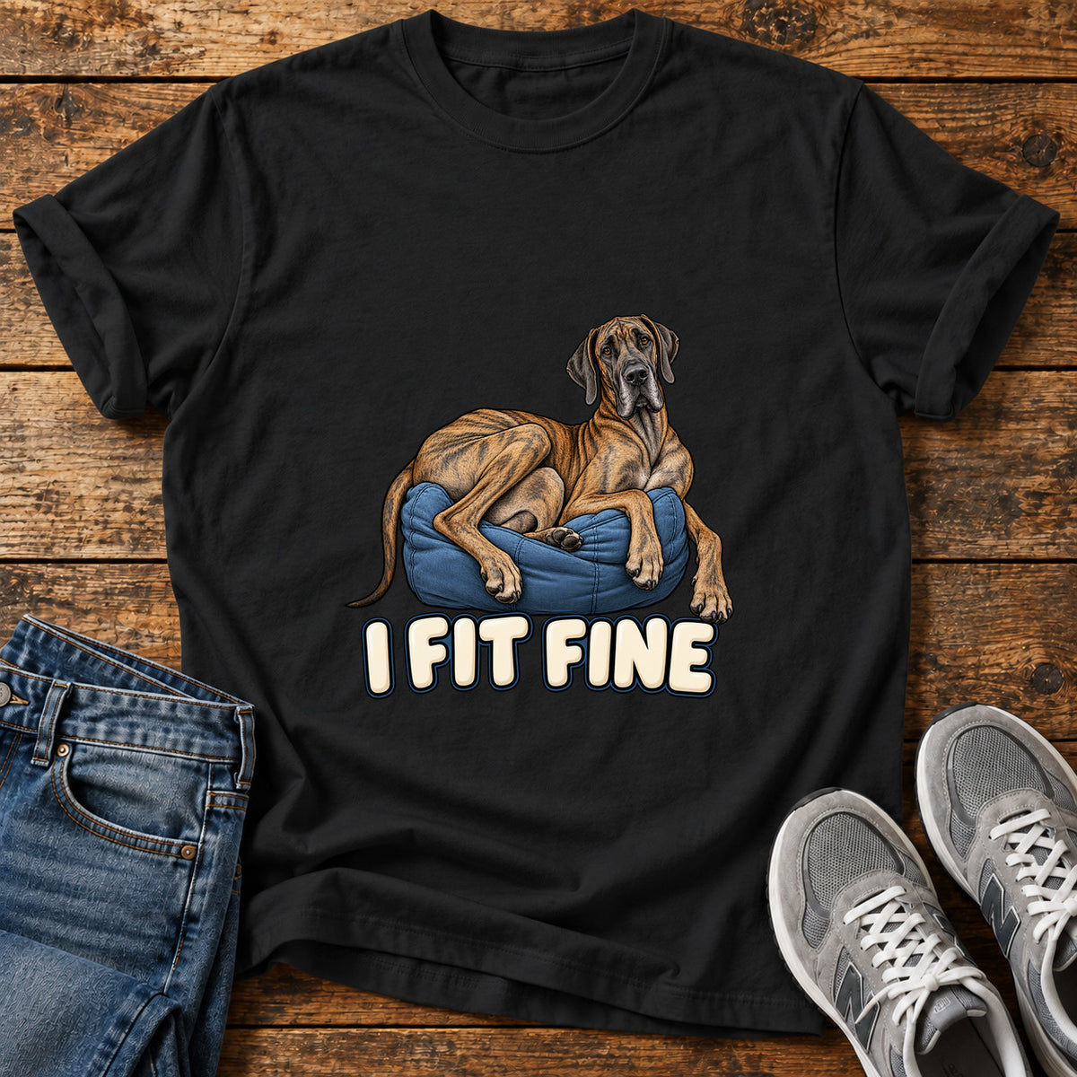 I Fit Fine Great Dane graphic T-shirt in Black, shown on a flat-lay shirt mockup