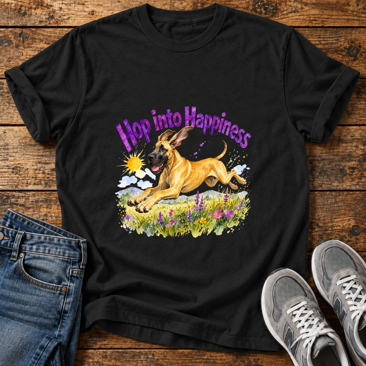 Hop Into Happiness Great Dane graphic T-shirt in Black, shown on a flat-lay shirt mockup