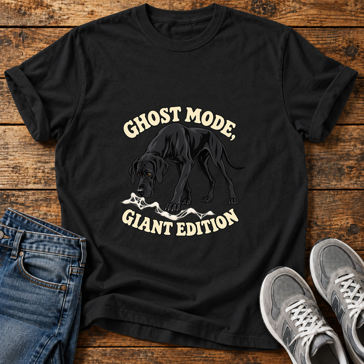 Ghost Mode Giant Great Dane graphic T-shirt in Black, shown on a flat-lay shirt mockup