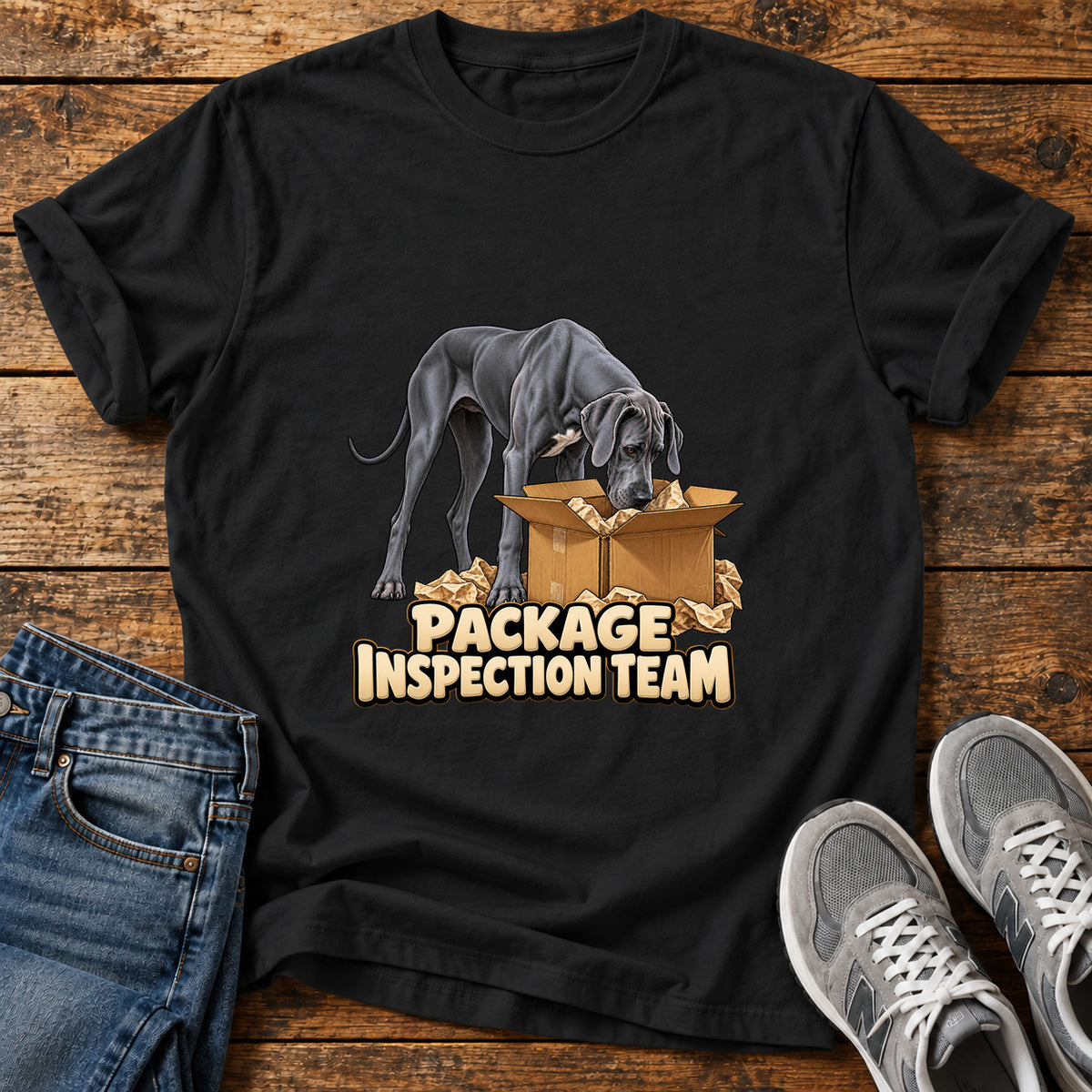Package Dog Patrol Great Dane graphic T-shirt in Black, shown on a flat-lay shirt mockup