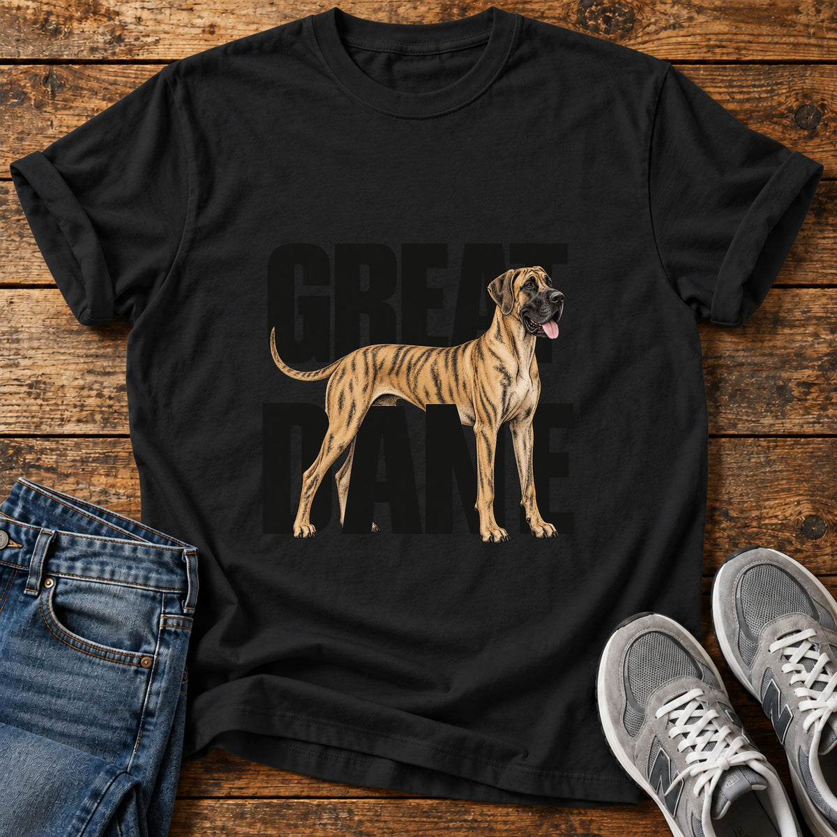 Great Dane graphic T-shirt in Black, shown on a flat-lay shirt mockup