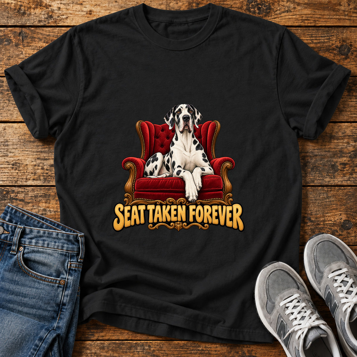 Seat Taken Great Dane graphic T-shirt in Black, shown on a flat-lay shirt mockup