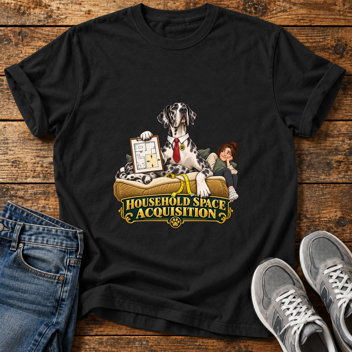 Household Space Great Dane graphic T-shirt in Black, shown on a flat-lay shirt mockup