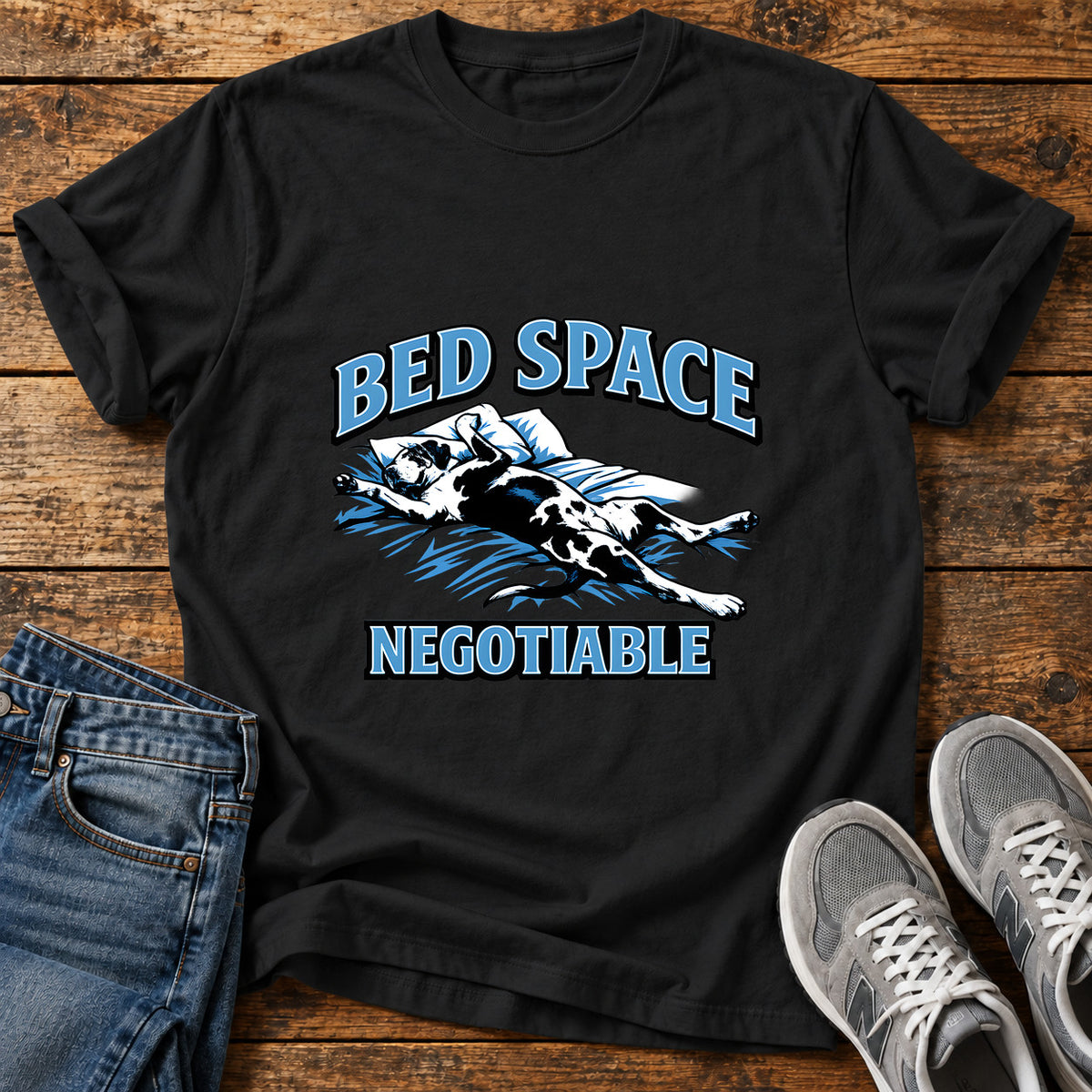 Bed Space Negotiable Great Dane graphic T-shirt in Black, shown on a flat-lay shirt mockup