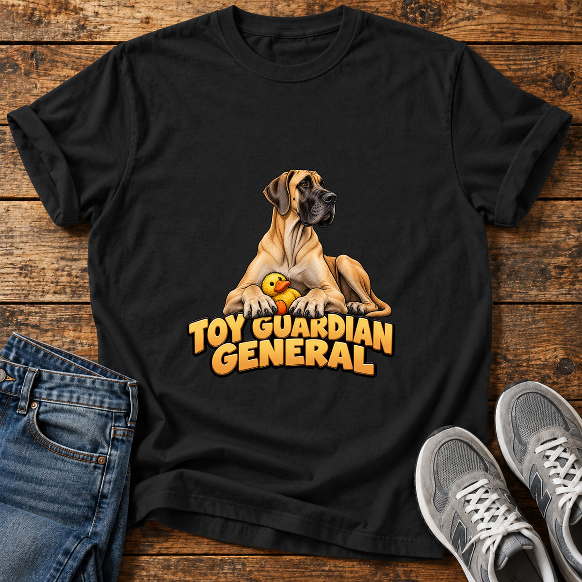 Toy Guardian General Great Dane graphic T-shirt in Black, shown on a flat-lay shirt mockup