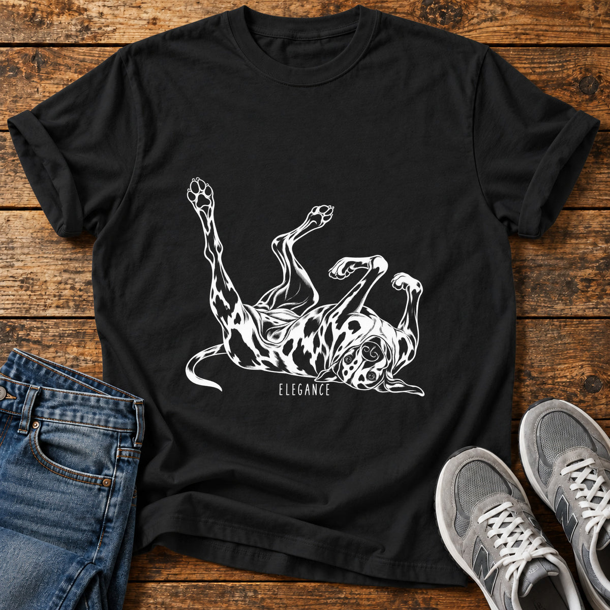 Elegance Unleashed Great Dane graphic T-shirt in Black, shown on a flat-lay shirt mockup