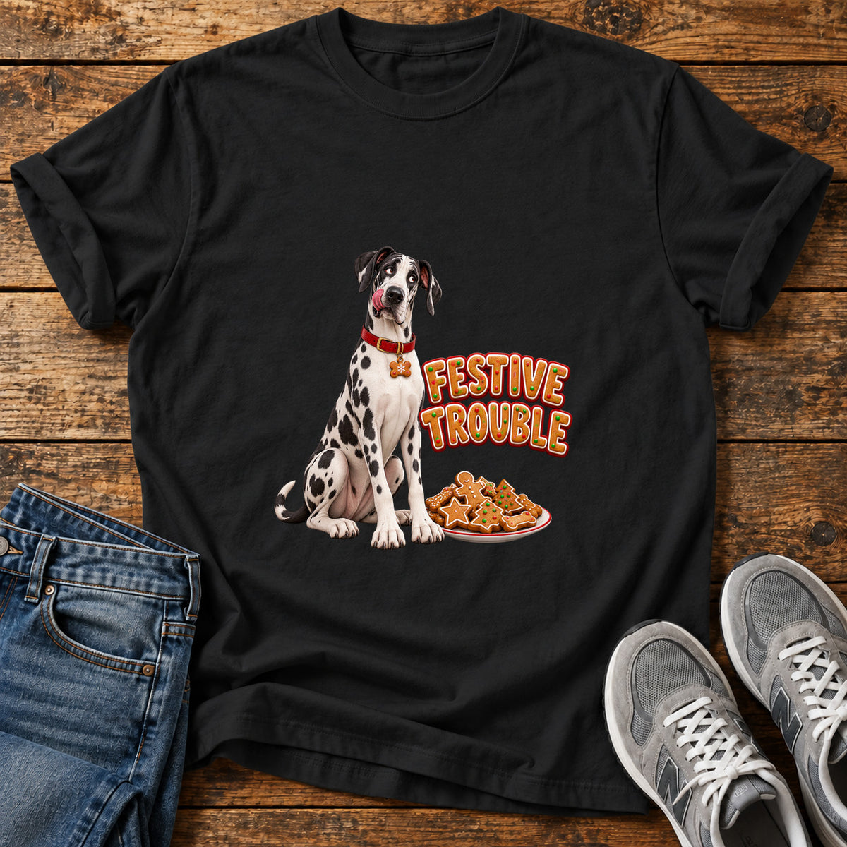 Festive Trouble Great Dane graphic T-shirt in Black, shown on a flat-lay shirt mockup