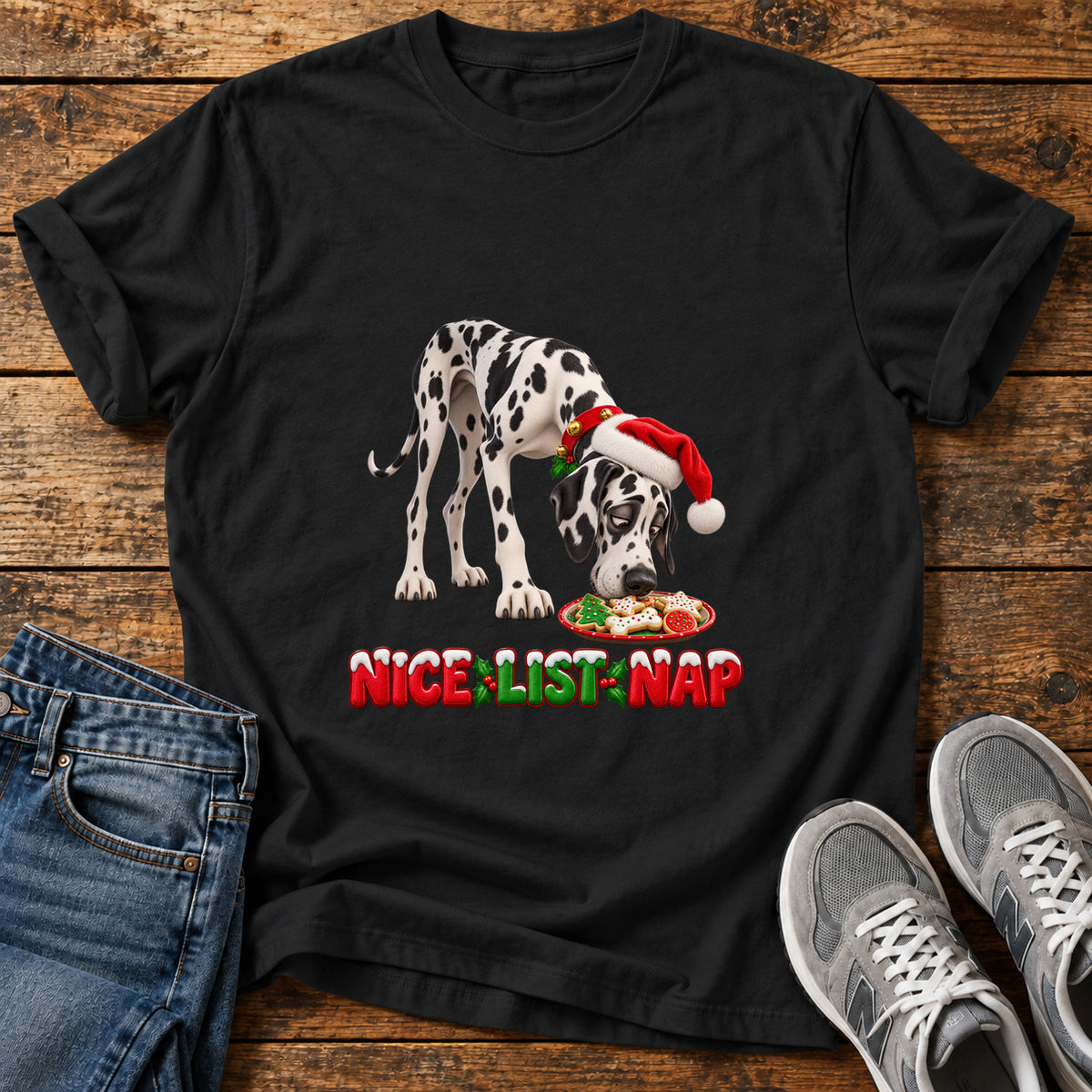 Nice List Nap Great Dane graphic T-shirt in Black, shown on a flat-lay shirt mockup
