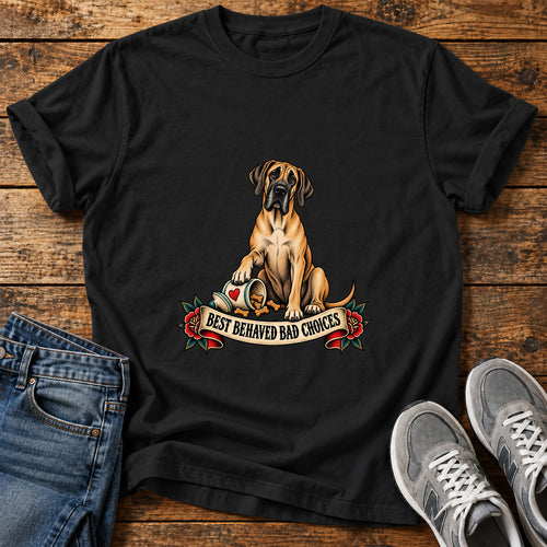 Bad Choices Pooch Great Dane graphic T-shirt in Black, shown on a flat-lay shirt mockup