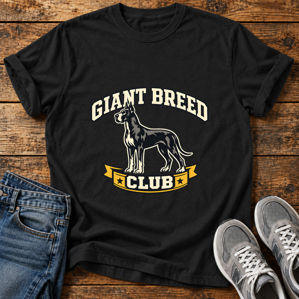 Giant Breed Club Great Dane graphic T-shirt in Black, shown on a flat-lay shirt mockup