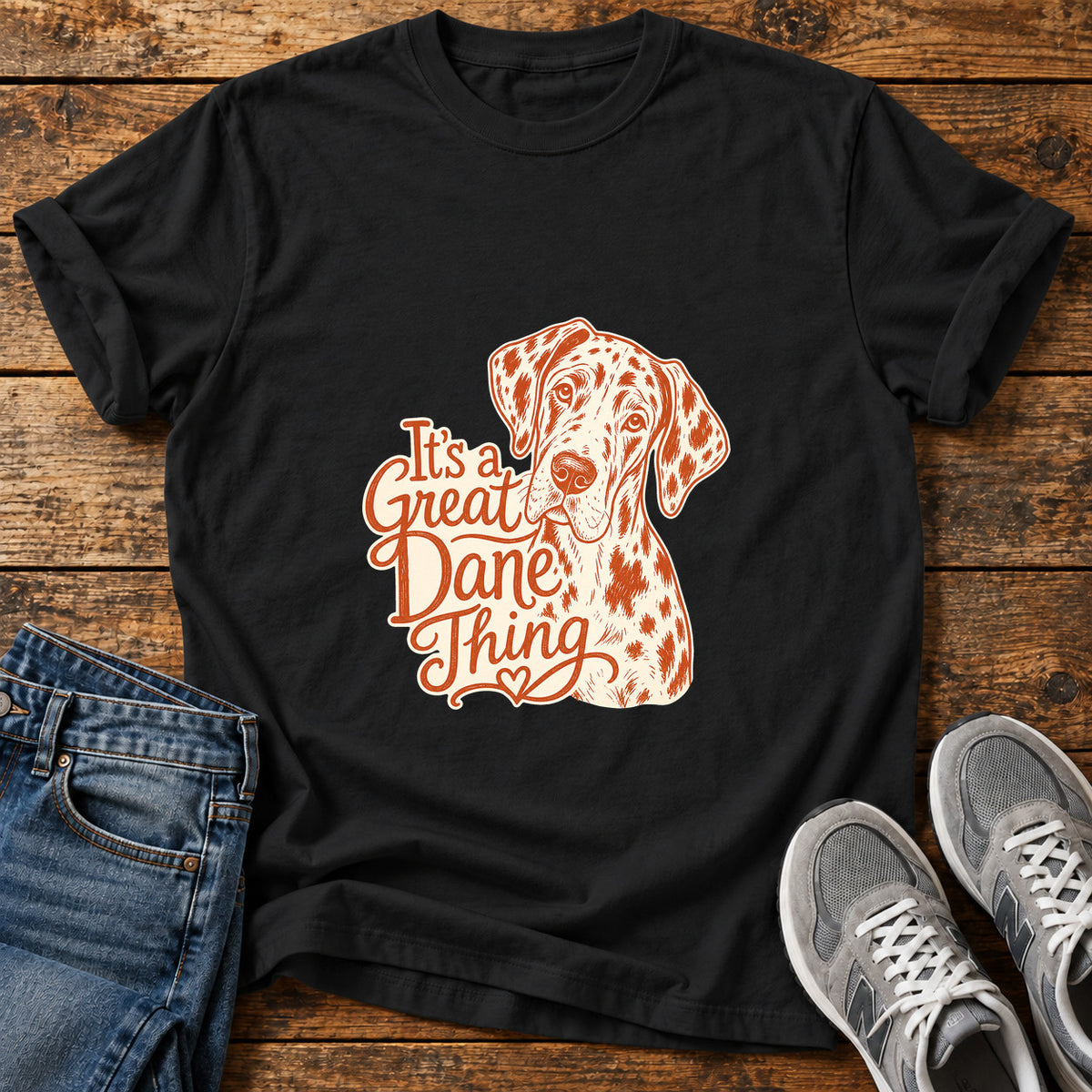 Great Dane Thing graphic T-shirt in Black, shown on a flat-lay shirt mockup