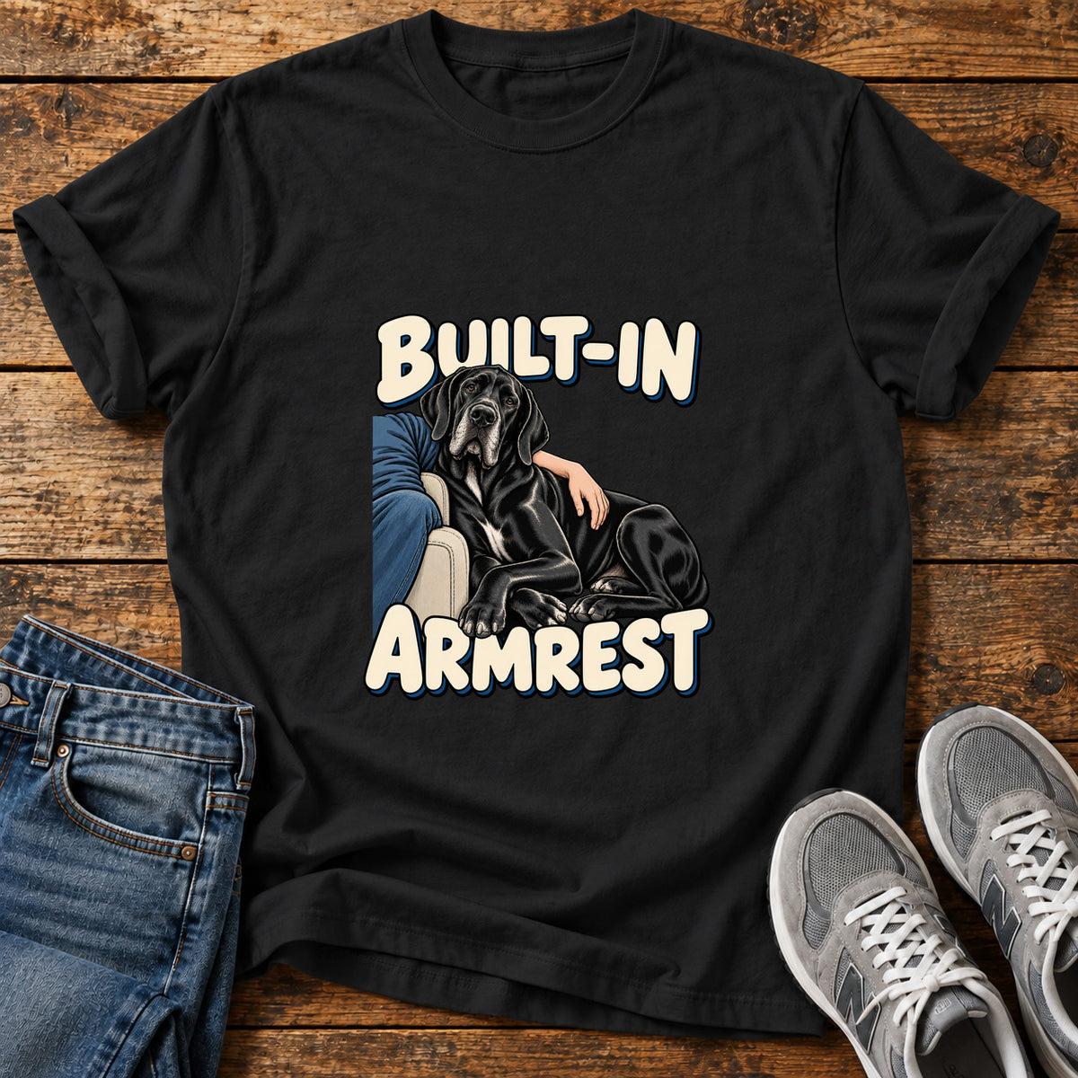 Built-In Armrest Great Dane graphic T-shirt in Black, shown on a flat-lay shirt mockup