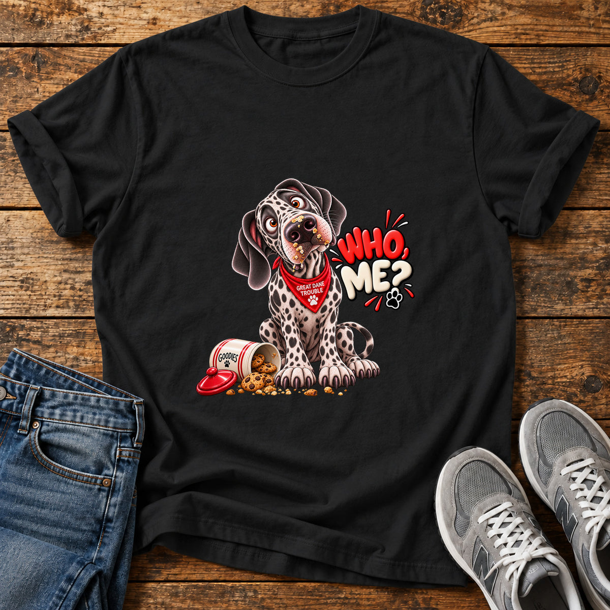 Who Me Great Dane graphic T-shirt in Black, shown on a flat-lay shirt mockup