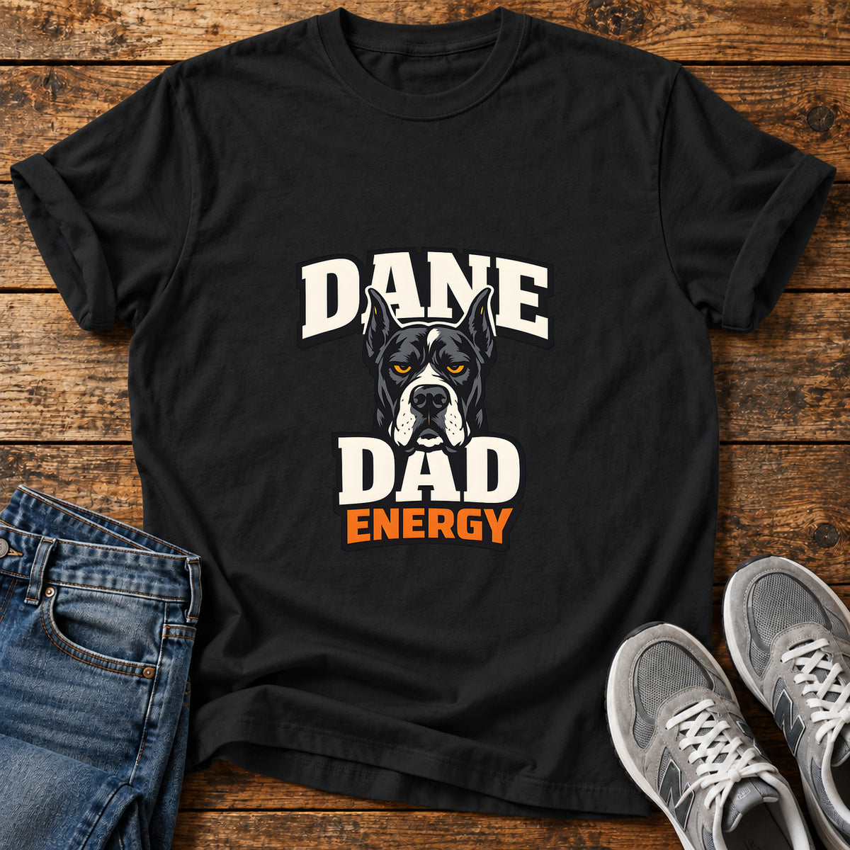 Dane Dad Energy Great Dane graphic T-shirt in Black, shown on a flat-lay shirt mockup