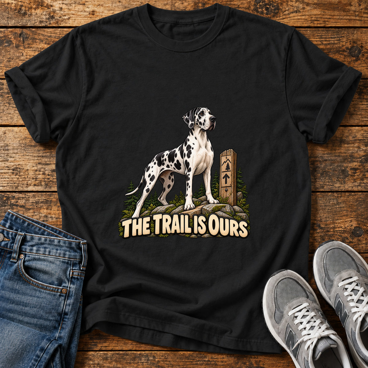 Trail Is Ours Great Dane graphic T-shirt in Black, shown on a flat-lay shirt mockup