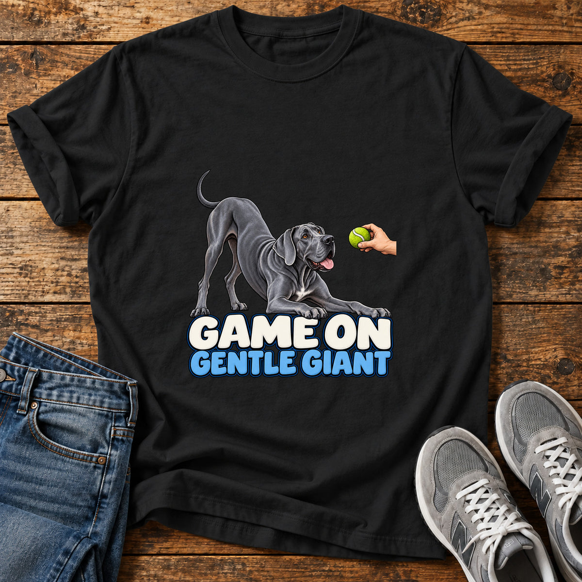 Game On Giant Great Dane graphic T-shirt in Black, shown on a flat-lay shirt mockup