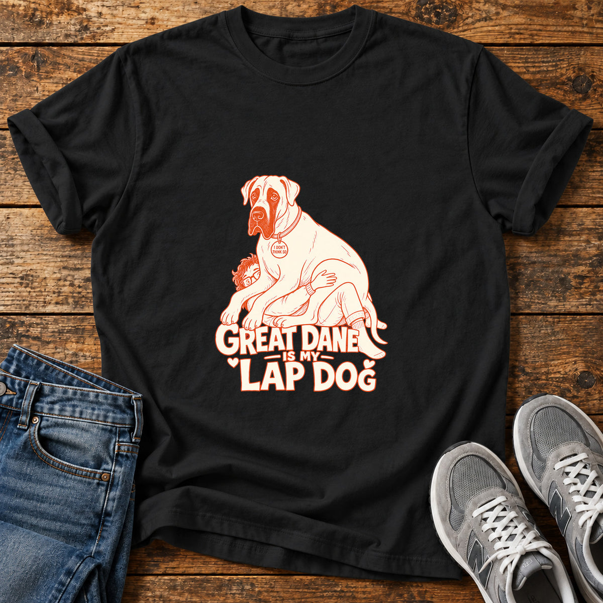 Great Dane Lapdog graphic T-shirt in Black, shown on a flat-lay shirt mockup