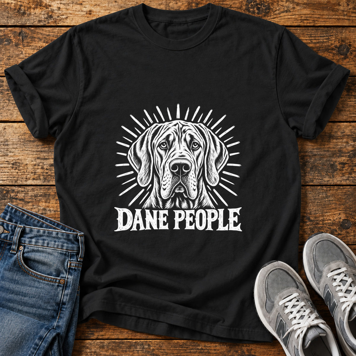 Dane People Great Dane graphic T-shirt in Black, shown on a flat-lay shirt mockup