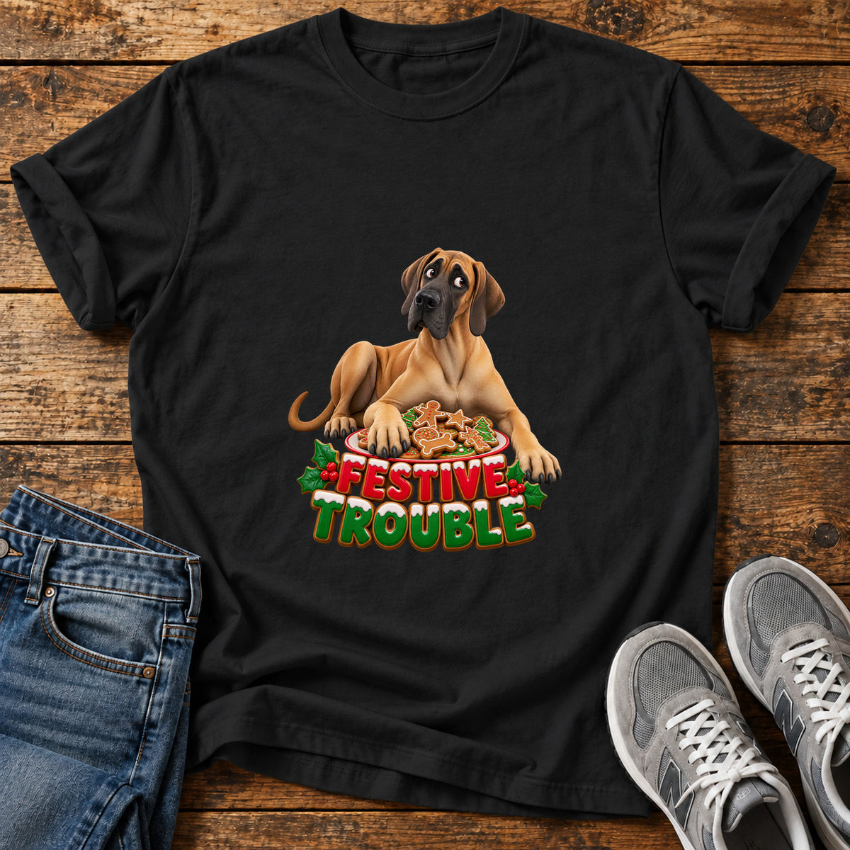Festive Trouble Great Dane graphic T-shirt in Black, shown on a flat-lay shirt mockup