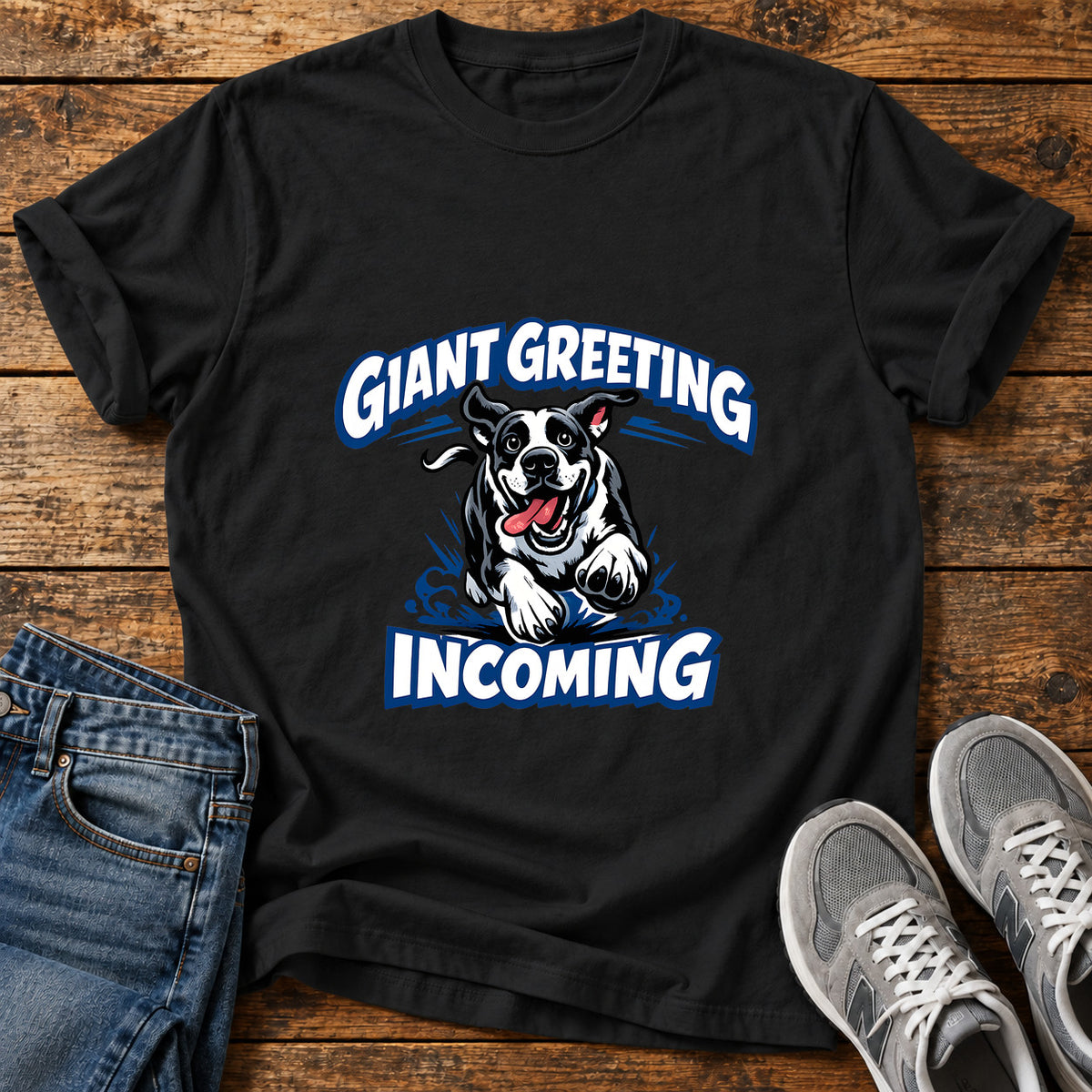 Giant Greeting Great Dane graphic T-shirt in Black, shown on a flat-lay shirt mockup