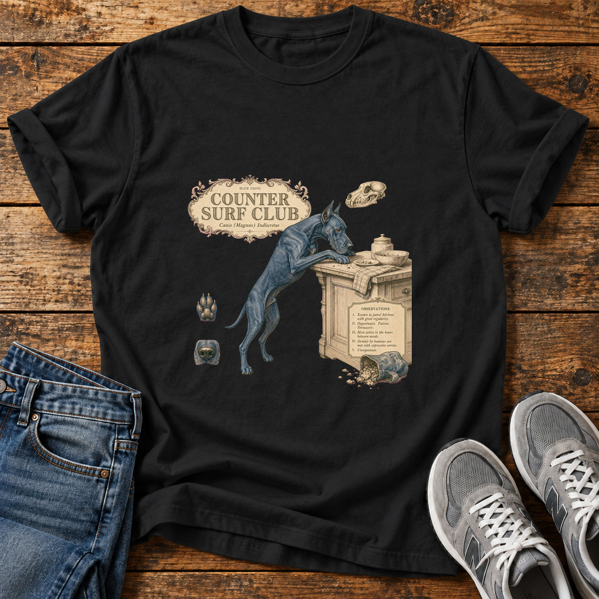 Counter Surf Club Great Dane graphic T-shirt in Black, shown on a flat-lay shirt mockup