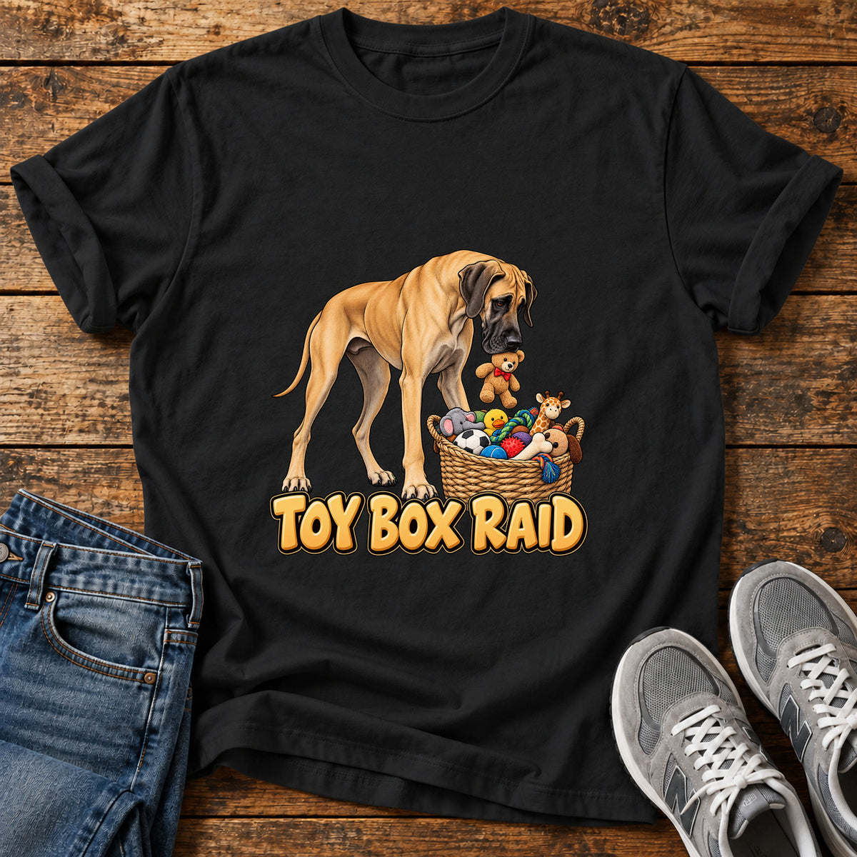 Toy Box Raid Great Dane graphic T-shirt in Black, shown on a flat-lay shirt mockup