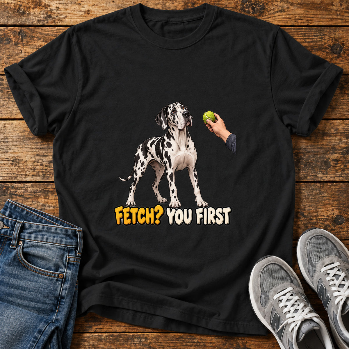 Fetch You First Great Dane graphic T-shirt in Black, shown on a flat-lay shirt mockup