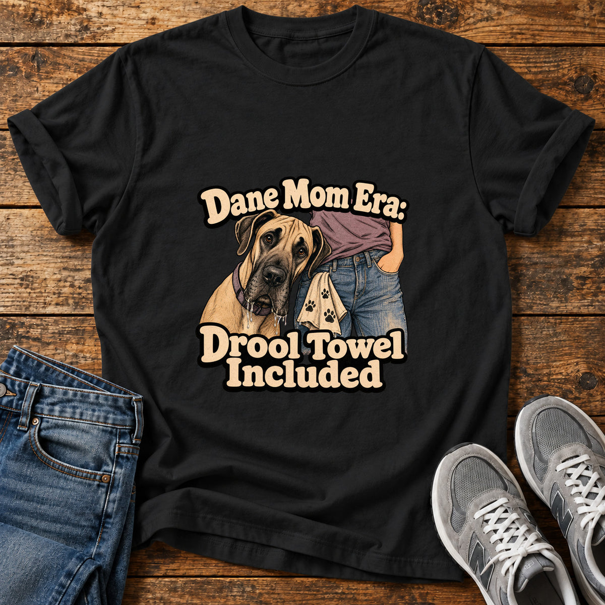 Drool Towel Included Great Dane graphic T-shirt in Black, shown on a flat-lay shirt mockup