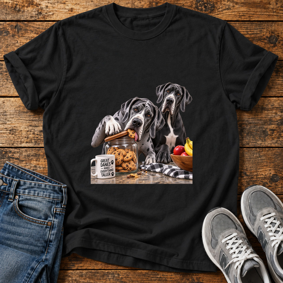 Great Danes Taller graphic T-shirt in Black, shown on a flat-lay shirt mockup
