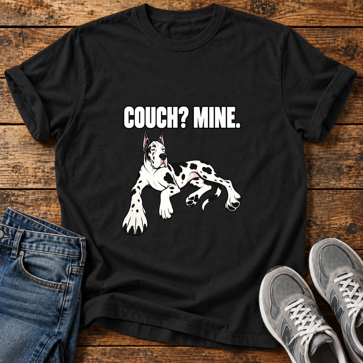 Couch Mine Great Dane graphic T-shirt in Black, shown on a flat-lay shirt mockup