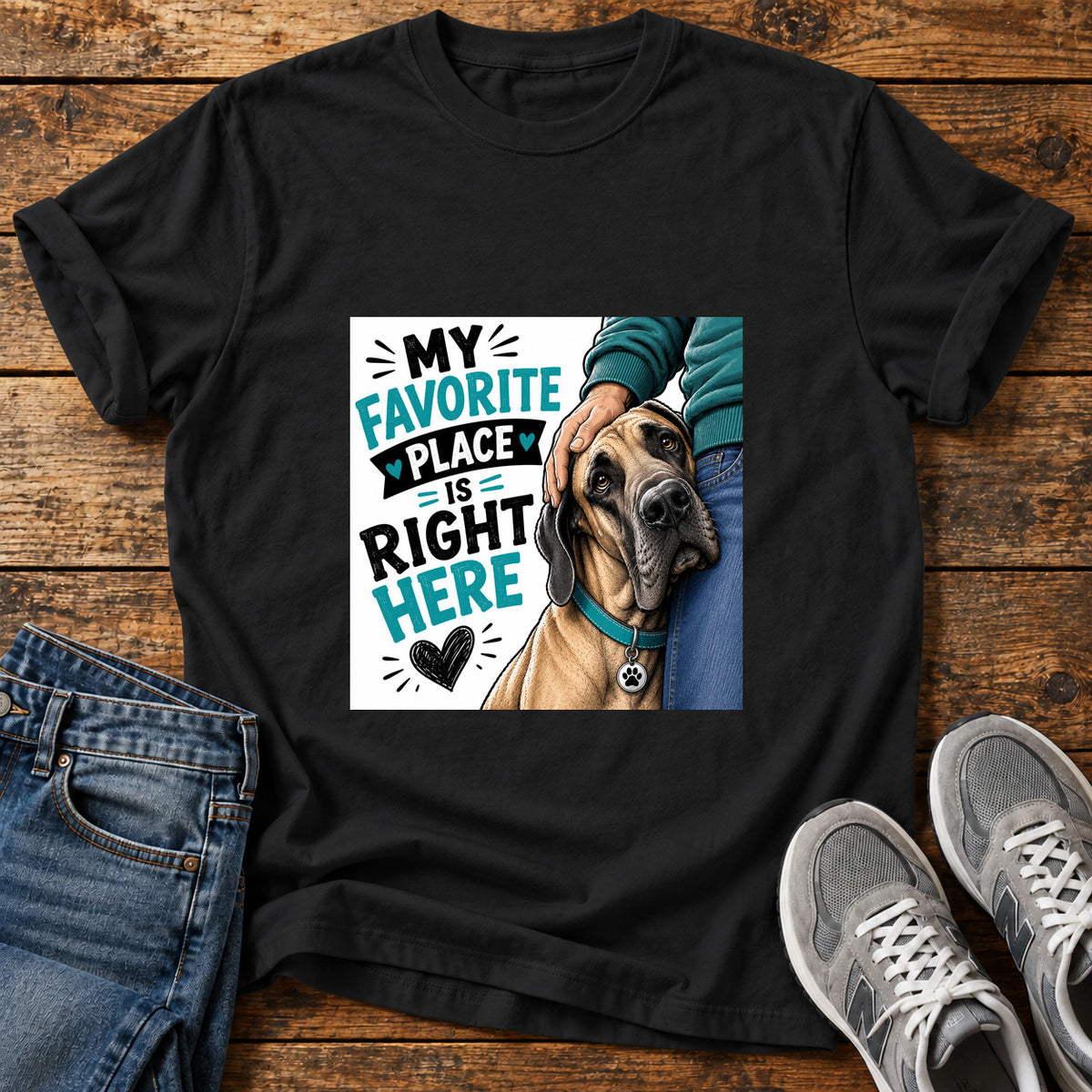 Favorite Place Great Dane graphic T-shirt in Black, shown on a flat-lay shirt mockup