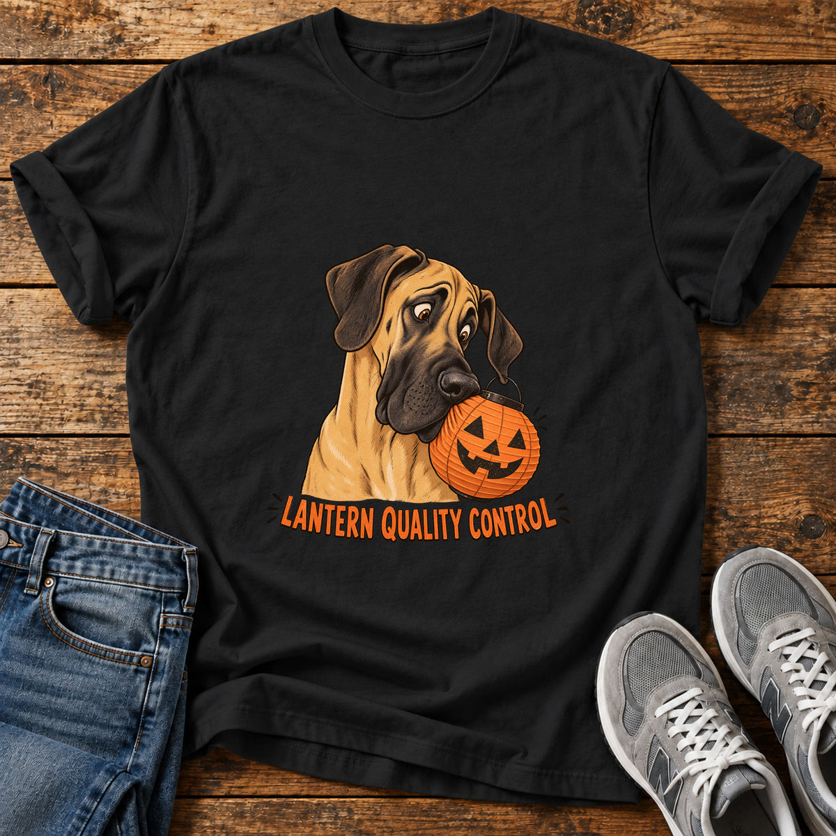 Lantern Quality Control Great Dane graphic T-shirt in Black, shown on a flat-lay shirt mockup