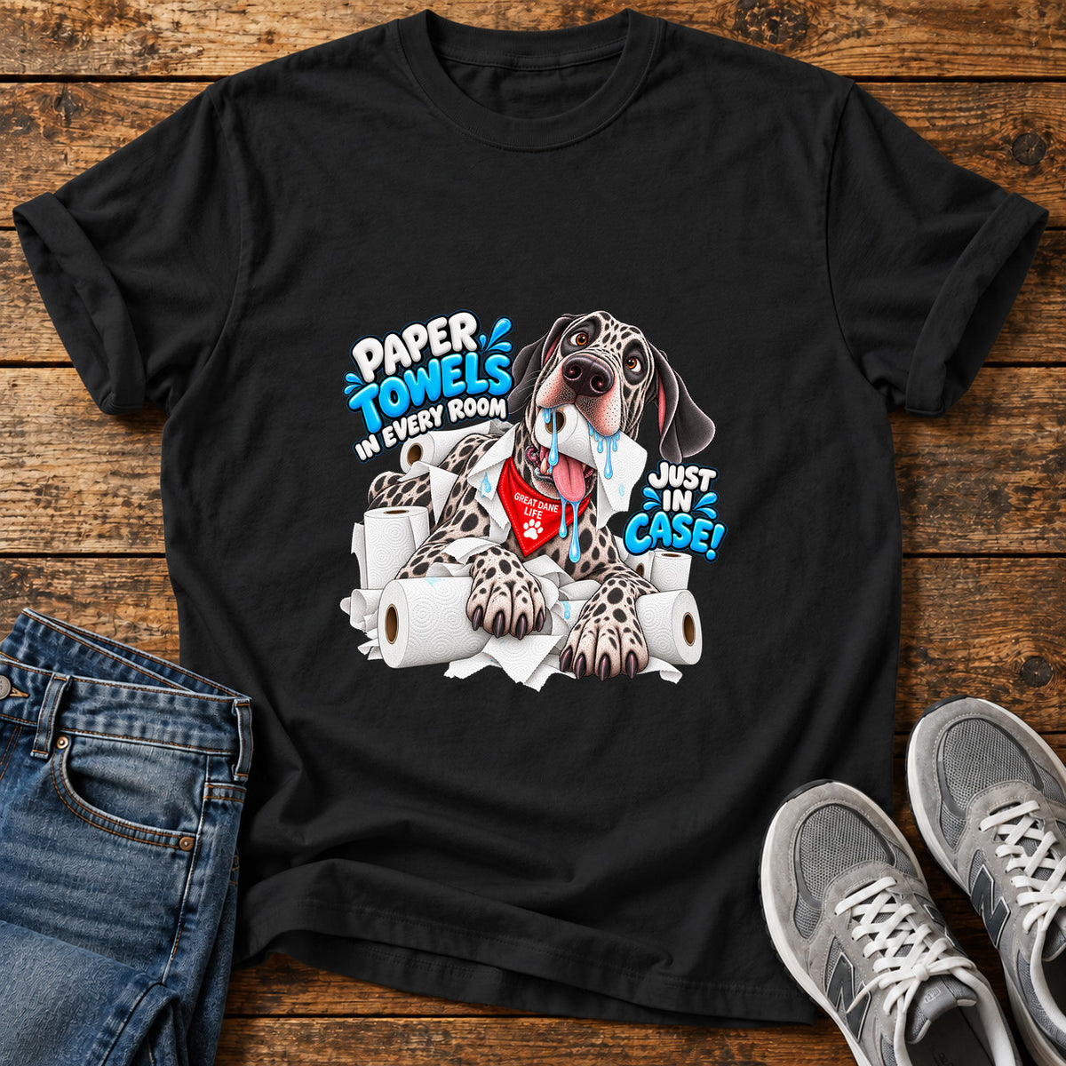 Paper Towels Pooch Great Dane graphic T-shirt in Black, shown on a flat-lay shirt mockup