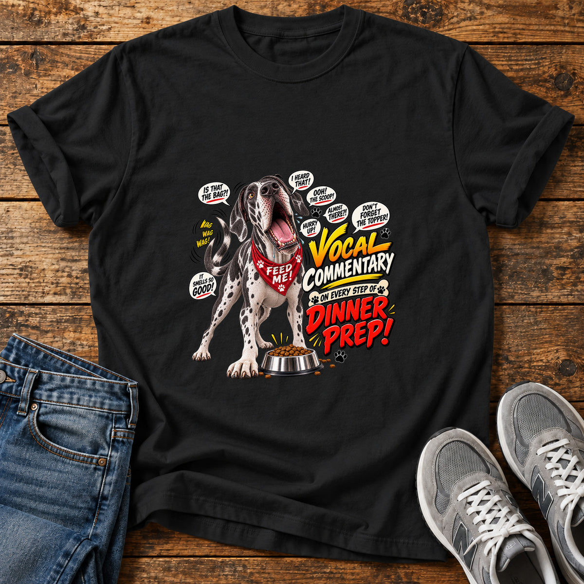 Dinner Prep Commentary Great Dane graphic T-shirt in Black, shown on a flat-lay shirt mockup