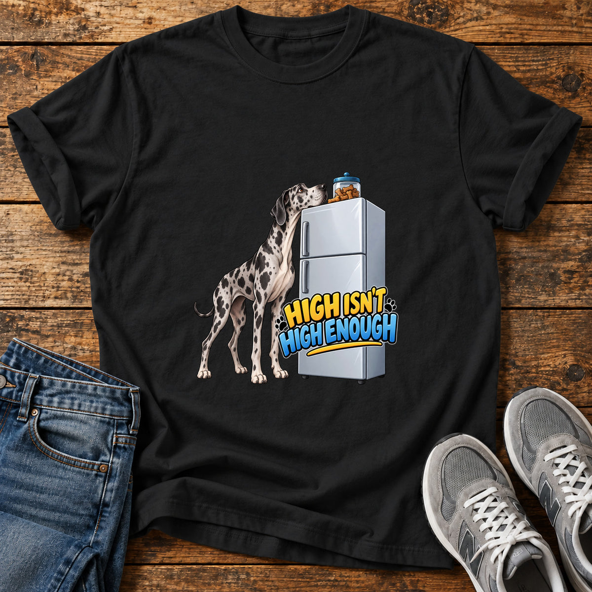 High Isn't Enough Great Dane graphic T-shirt in Black, shown on a flat-lay shirt mockup