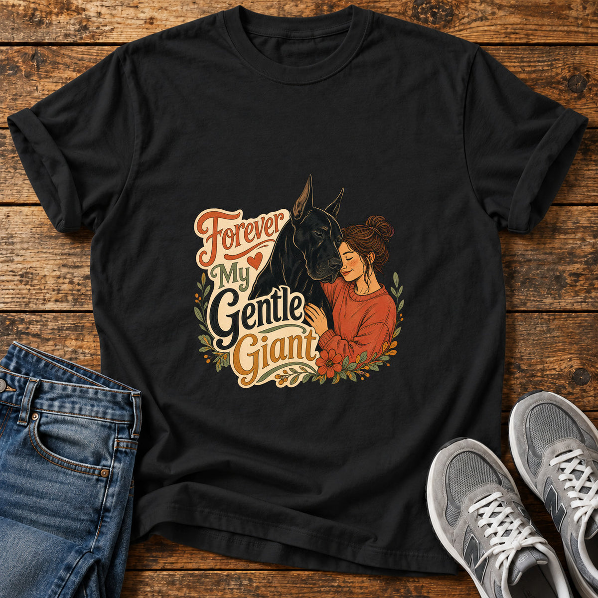 Forever My Giant Great Dane graphic T-shirt in Black, shown on a flat-lay shirt mockup