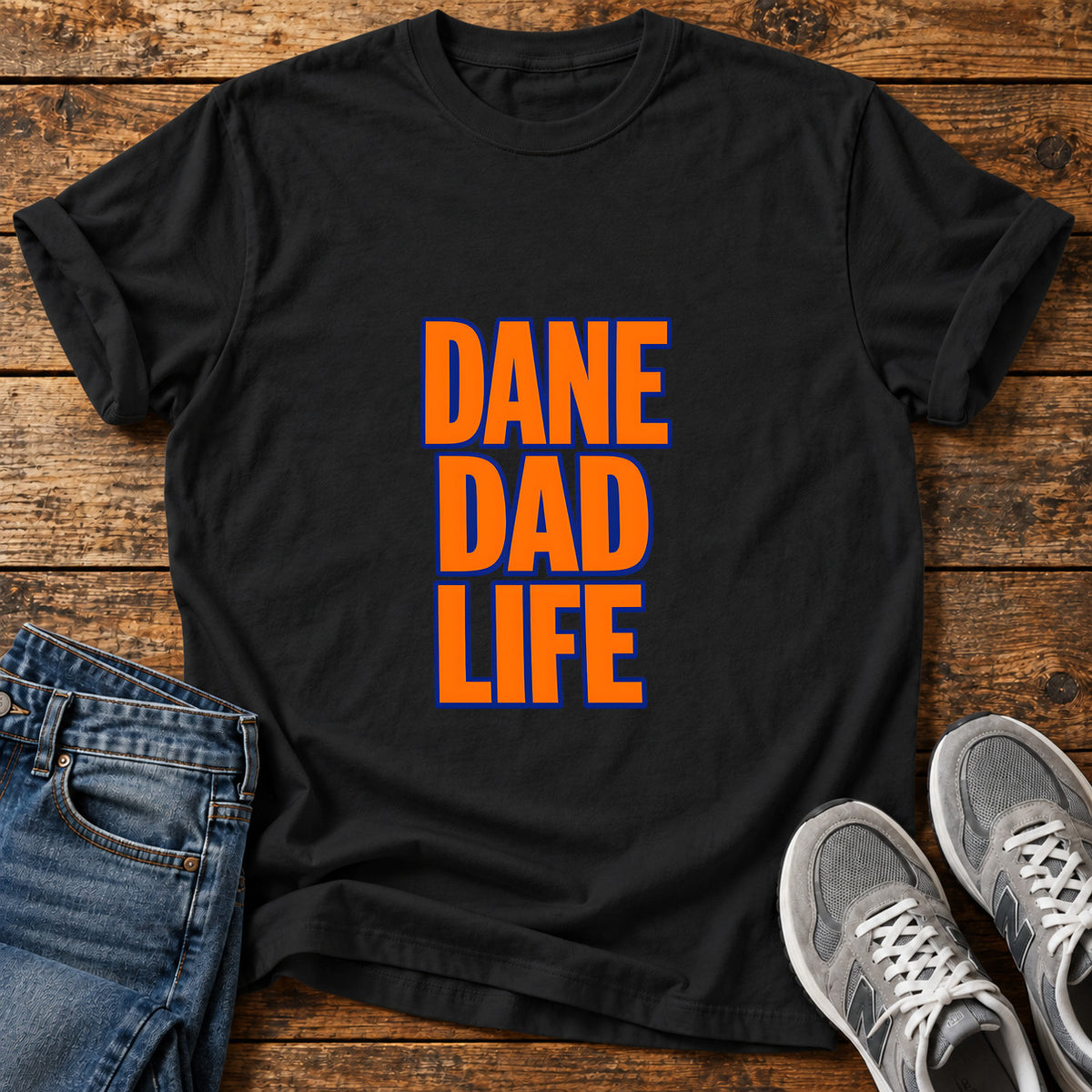 Dane Dad Life Great Dane graphic T-shirt in Black, shown on a flat-lay shirt mockup