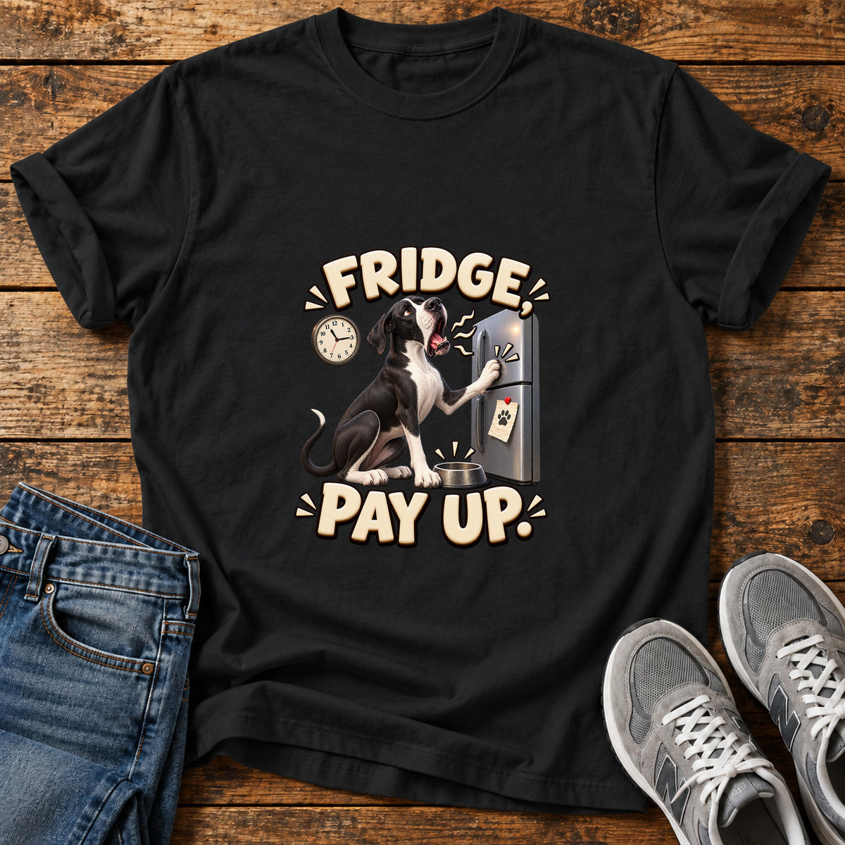 Fridge Pay Up Great Dane graphic T-shirt in Black, shown on a flat-lay shirt mockup