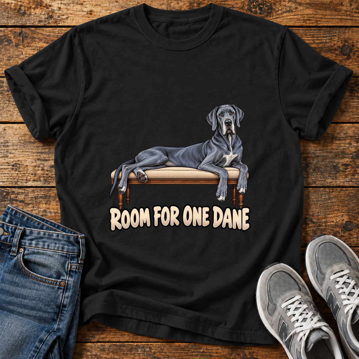 Room For Dane Great Dane graphic T-shirt in Black, shown on a flat-lay shirt mockup