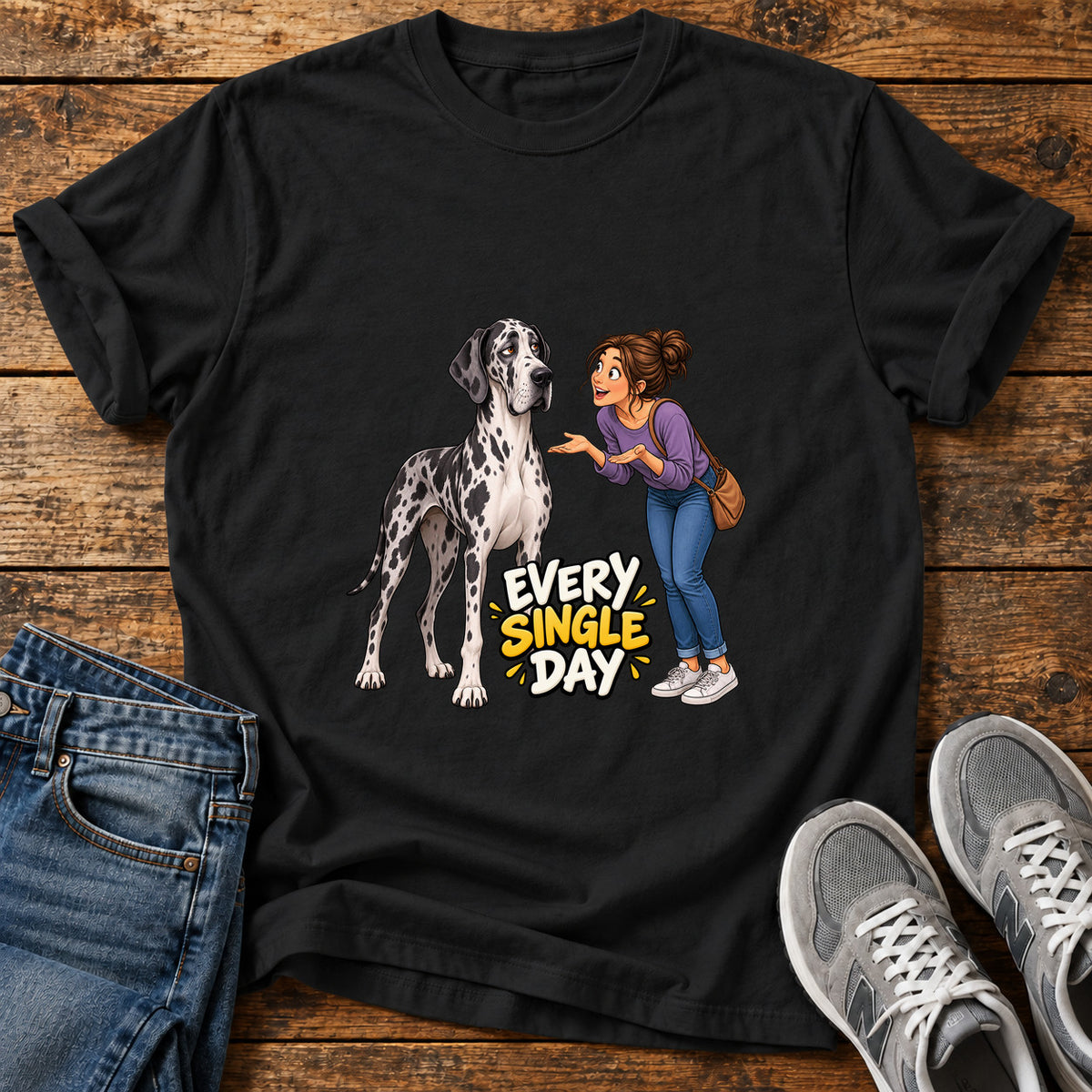 Every Single Day Great Dane graphic T-shirt in Black, shown on a flat-lay shirt mockup