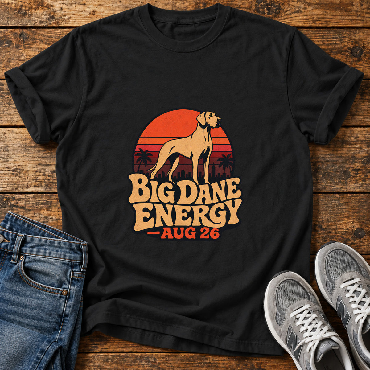 Big Dane Energy Great Dane graphic T-shirt in Black, shown on a flat-lay shirt mockup