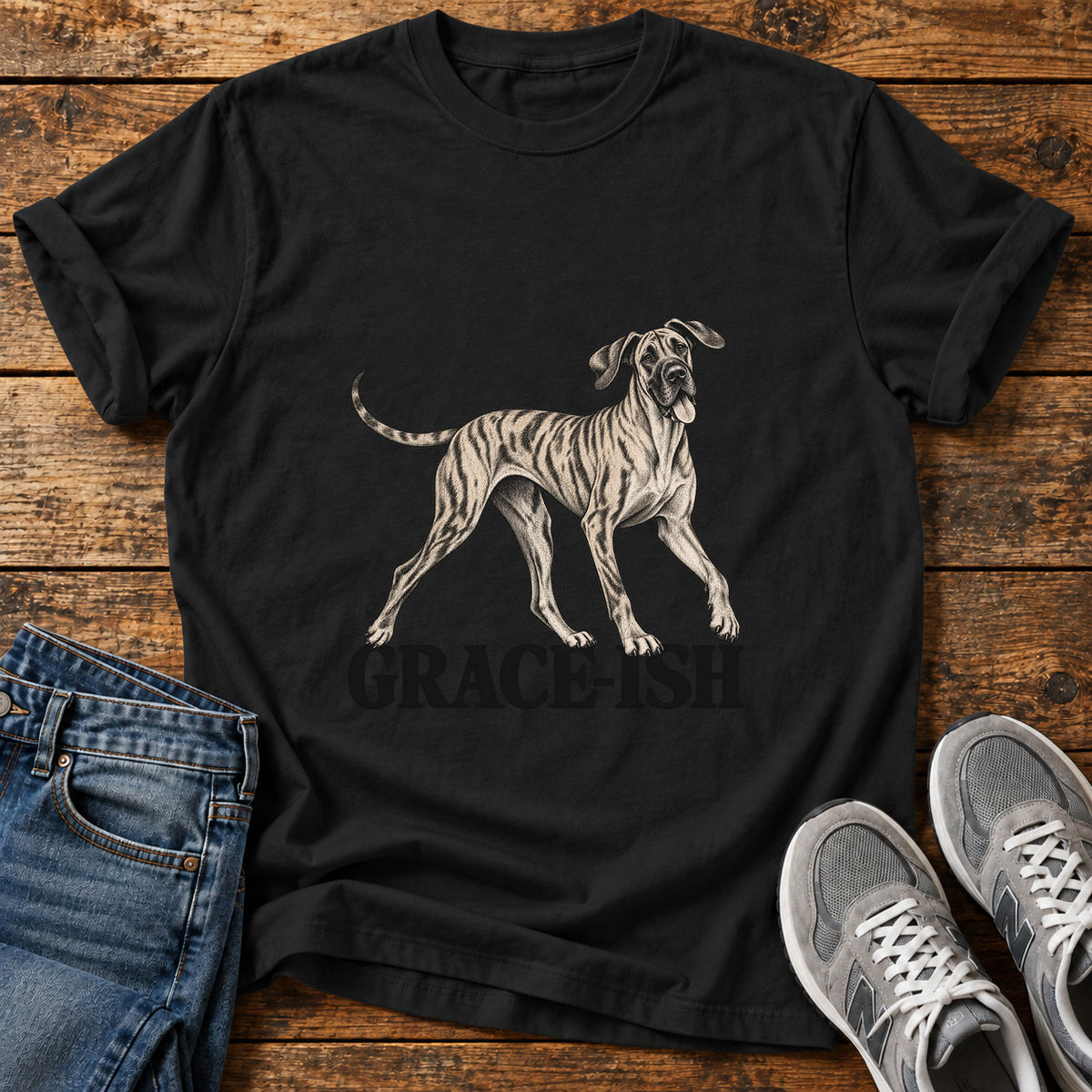 Grace-Ish Dog Great Dane graphic T-shirt in Black, shown on a flat-lay shirt mockup
