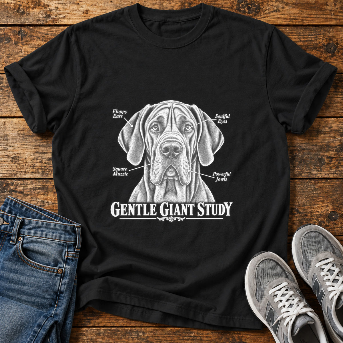 Gentle Giant Study Great Dane graphic T-shirt in Black, shown on a flat-lay shirt mockup