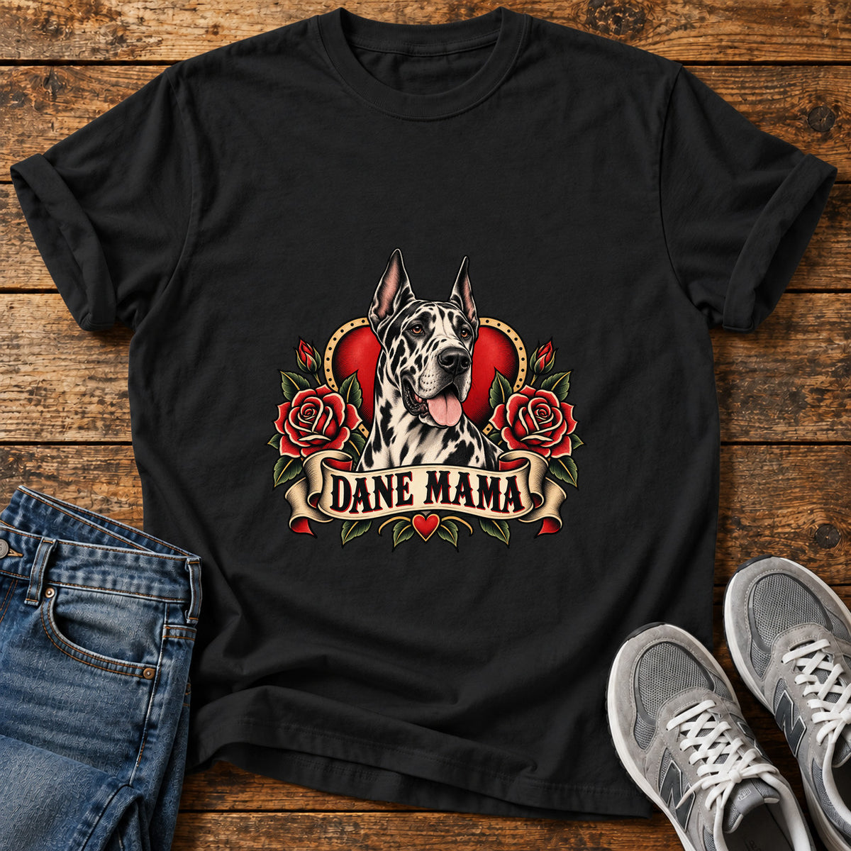 Dane Mama Great Dane graphic T-shirt in Black, shown on a flat-lay shirt mockup
