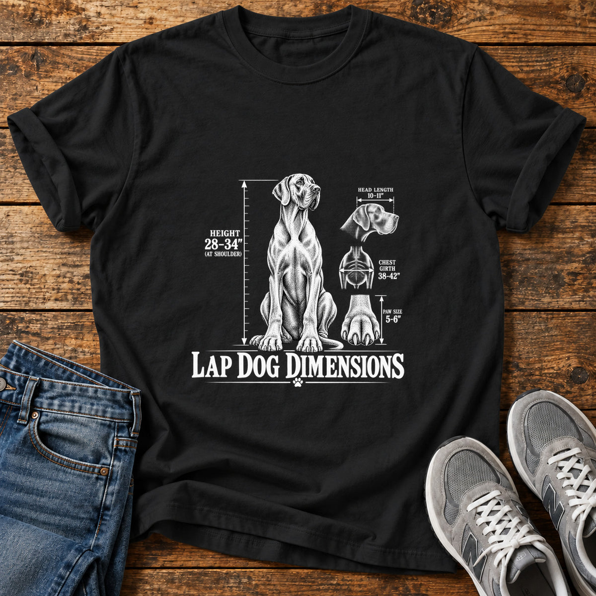Lap Dog Dimensions Great Dane graphic T-shirt in Black, shown on a flat-lay shirt mockup