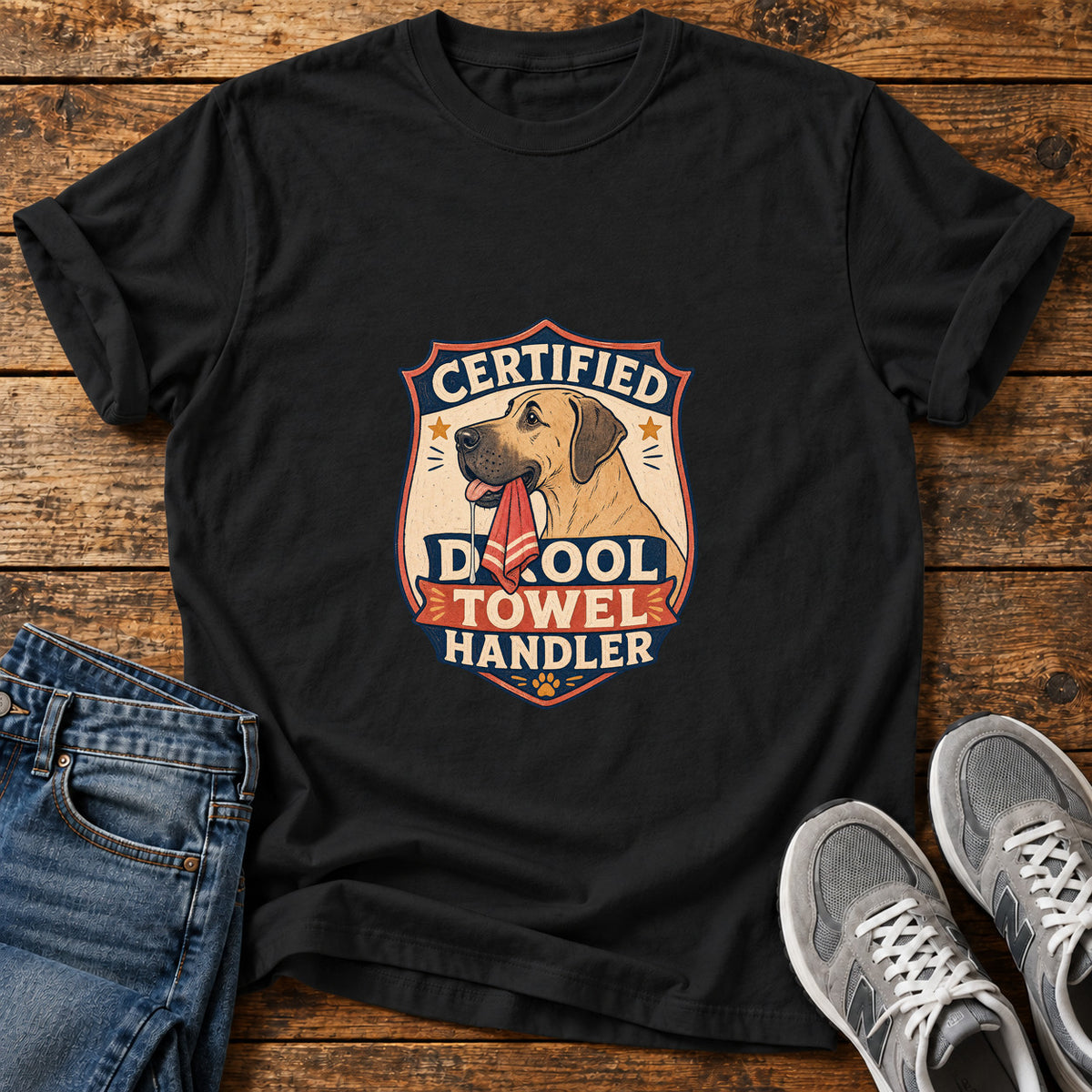 Certified Drool Handler Great Dane graphic T-shirt in Black, shown on a flat-lay shirt mockup