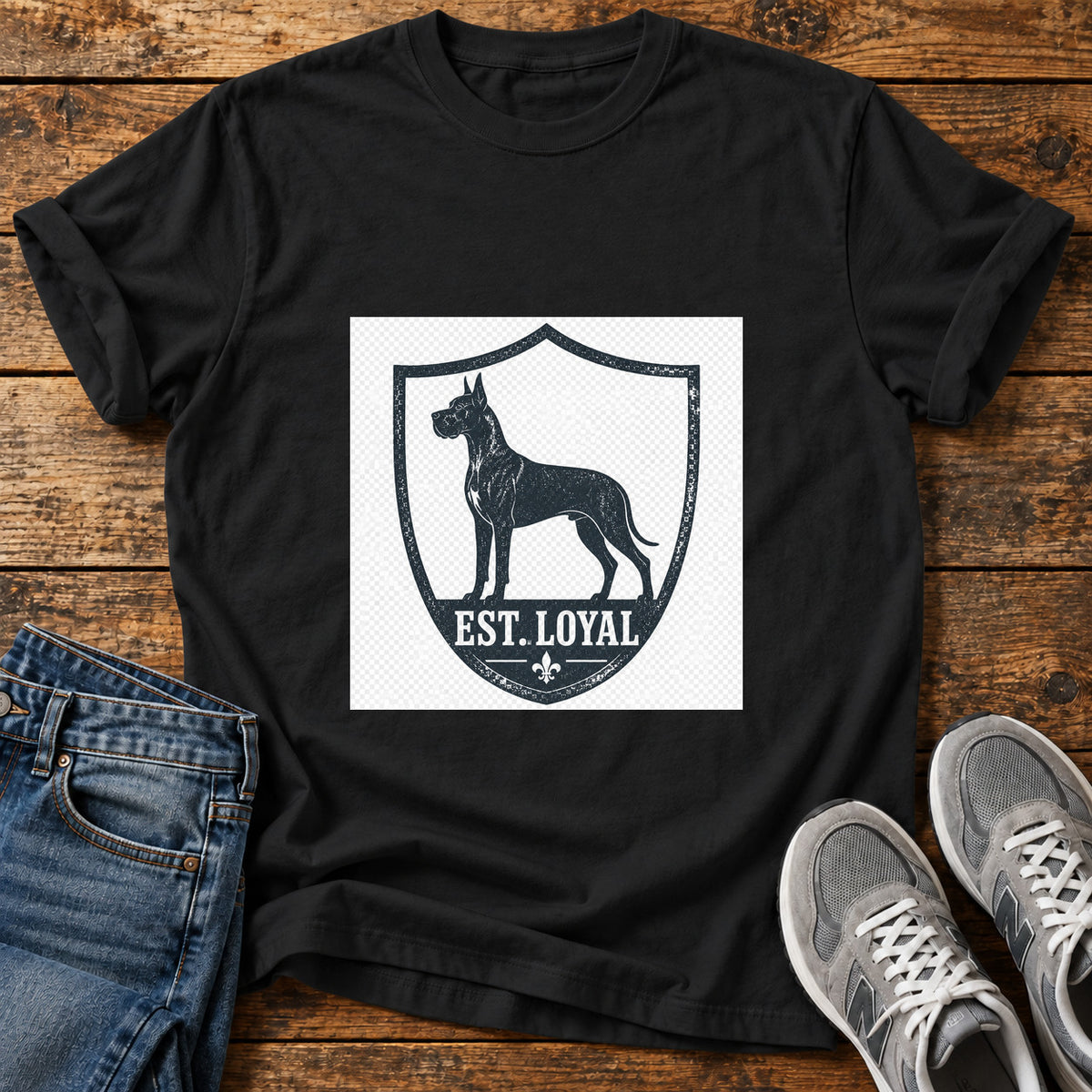 Est Loyal Great Dane graphic T-shirt in Black, shown on a flat-lay shirt mockup