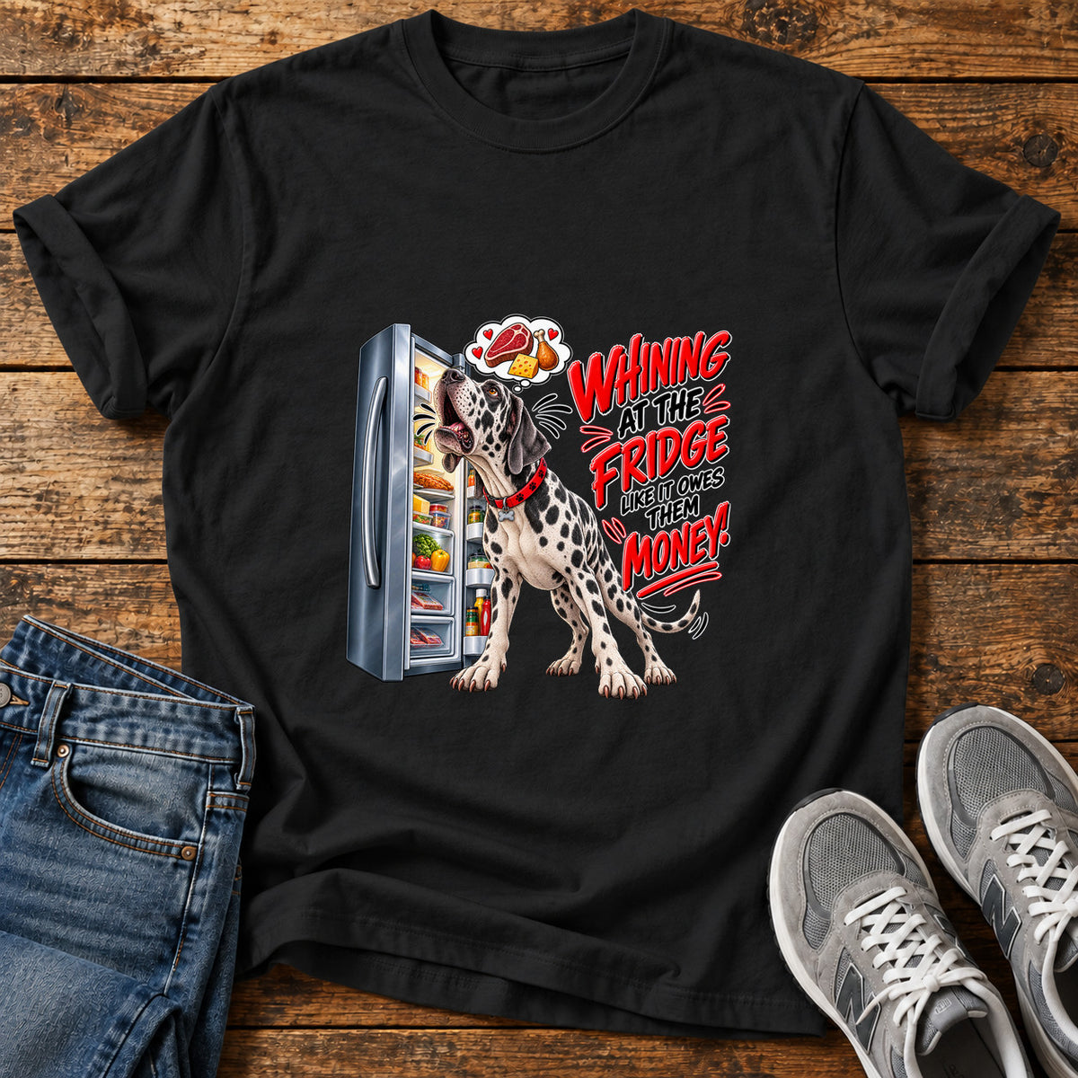 Whining Fridge Dog Great Dane graphic T-shirt in Black, shown on a flat-lay shirt mockup